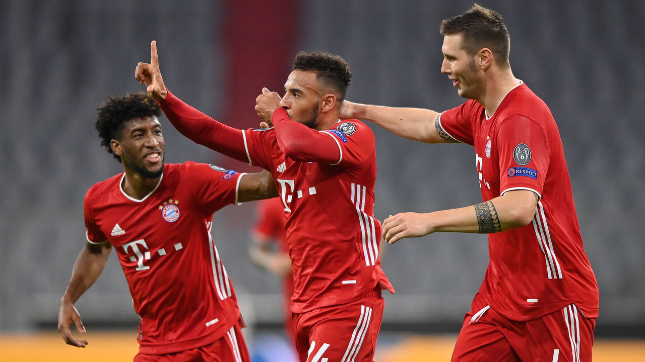 MUNICH, GERMANY - OCTOBER 21: Corentin Tolisso of Bayern Munich celebrates with teammates after scoring his team's third goal during the UEFA Champions League Group A stage match between FC Bayern Muenchen and Atletico Madrid at Allianz Arena on October 21, 2020 in Munich, Germany. The game will be played behind closed doors as a COVID-19 precaution.