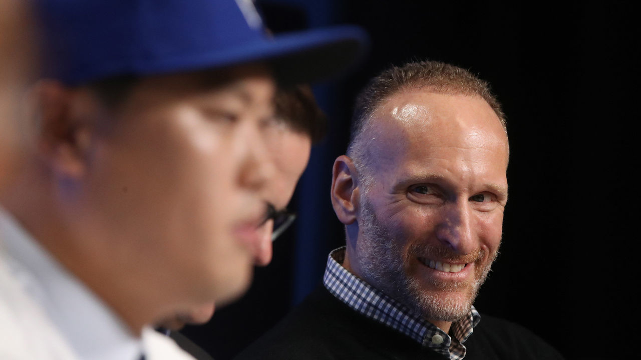 TORONTO, ON- DECEMBER 27 - Hyun-Jin Ryu and Mark Shapiro during the press conference. The Toronto Blue Jays host a media availability with new signed free agent left handed pitcher Hyun-Jin Ryu at Rogers Centre in Toronto. December 27, 2019. (Steve Russell/Toronto Star via Getty Images)