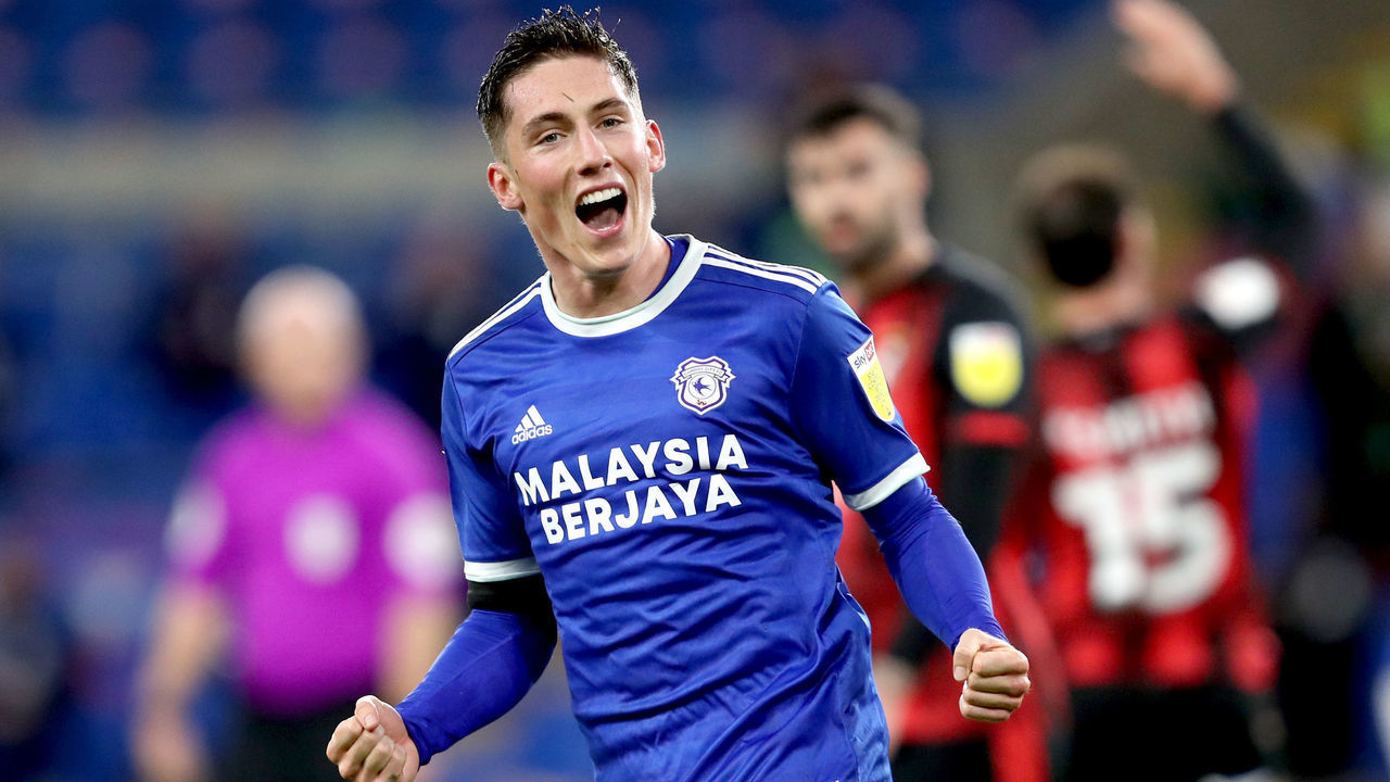 Cardiff City's Harry Wilson celebrates scoring his side's first goal of the game during the Sky Bet Championship match at the Cardiff City Stadium.