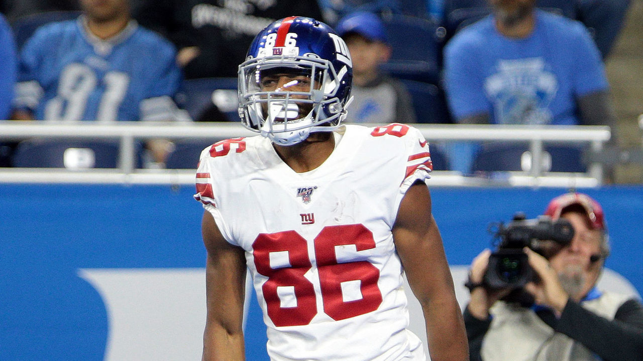 New York Giants wide receiver Darius Slayton (86) celebrates his touchdown during the first half of an NFL football game against the Detroit Lions in Detroit, Michigan USA, on Sunday, October 27, 2019