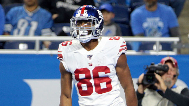 New York Giants wide receiver Darius Slayton (86) celebrates his touchdown during the first half of an NFL football game against the Detroit Lions in Detroit, Michigan USA, on Sunday, October 27, 2019