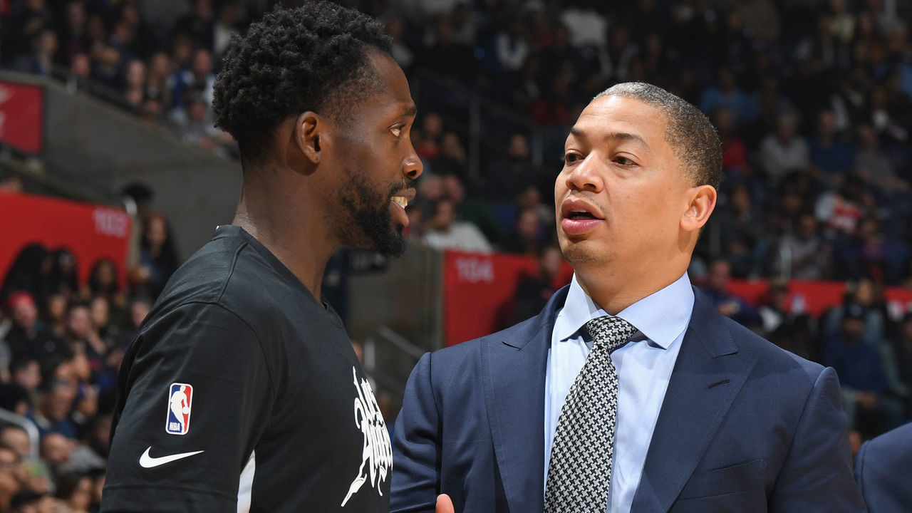 LOS ANGELES, CA - NOVEMBER 22: Patrick Beverley #21 of the LA Clippers and Assistant Coach Tyronn Lue of the LA Clippers talk during a game against the Houston Rockets on November 22, 2019 at STAPLES Center in Los Angeles, California. NOTE TO USER: User expressly acknowledges and agrees that, by downloading and/or using this Photograph, user is consenting to the terms and conditions of the Getty Images License Agreement. Mandatory Copyright Notice: Copyright 2019 NBAE