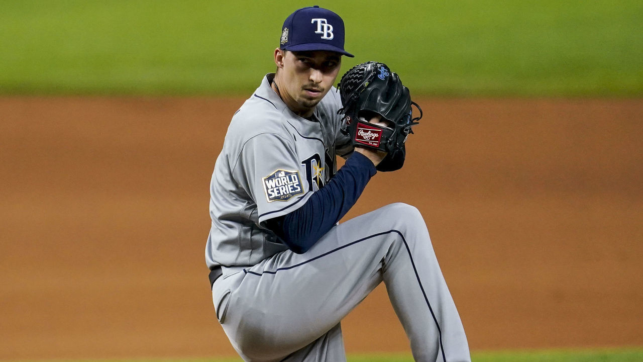 ARLINGTON, TX - OCTOBER 21: Blake Snell #4 of the Tampa Bay Rays pitches in the first inning during Game 2 of the 2020 World Series between the Los Angeles Dodgers and the Tampa Bay Rays at Globe Life Field on Wednesday, October 21, 2020 in Arlington, Texas.