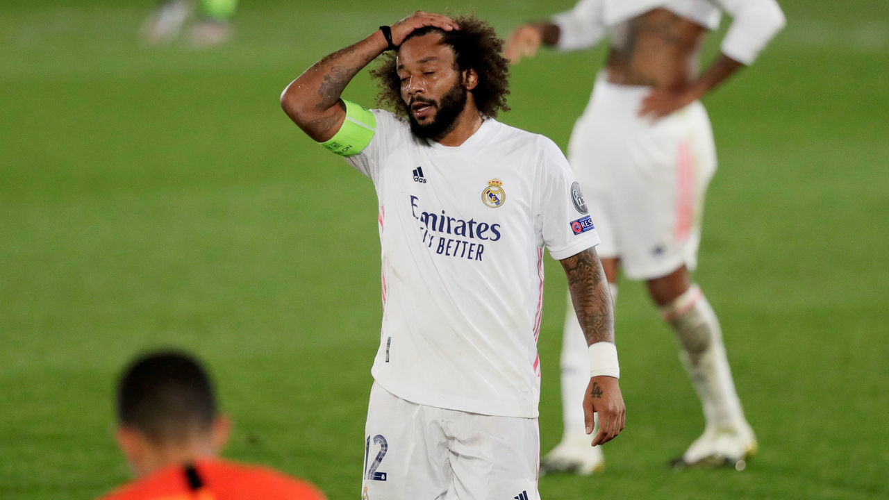 MADRID, SPAIN - OCTOBER 21: Marcelo of Real Madrid disappointed during the UEFA Champions League match between Real Madrid v Shakhtar Donetsk at the Estadio Alfredo Di Stefano on October 21, 2020 in Madrid Spain