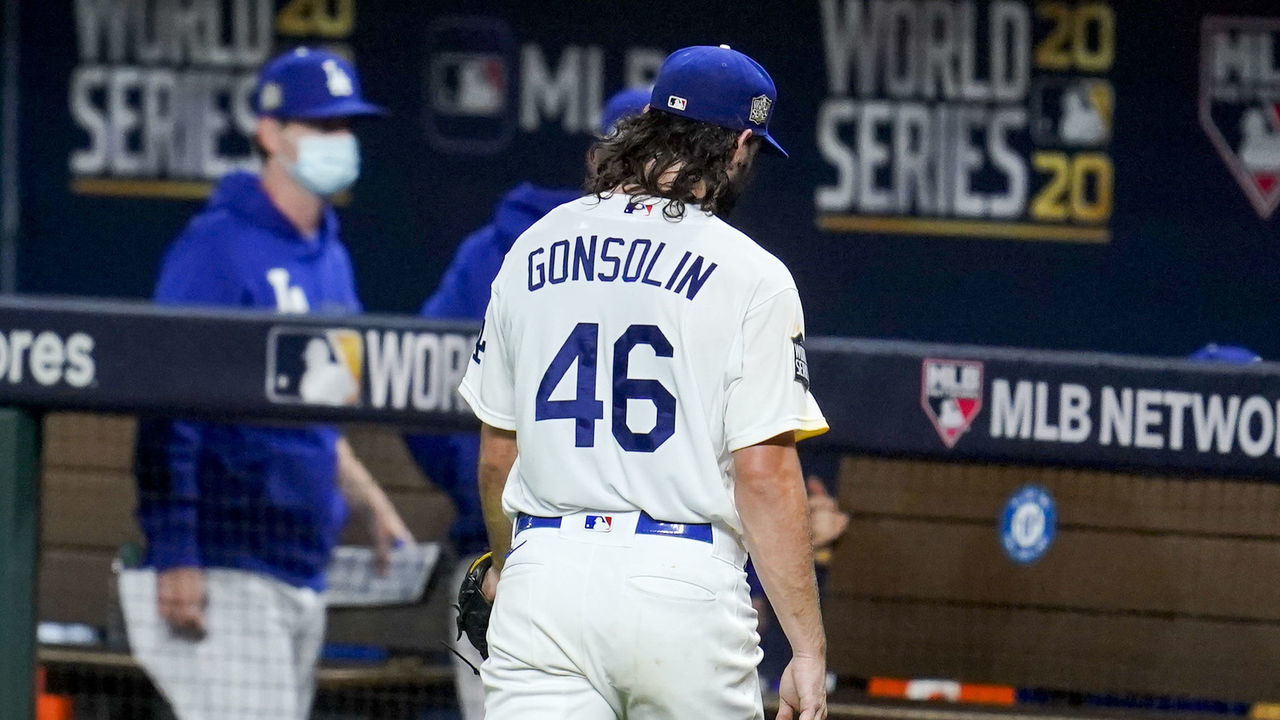 ARLINGTON, TX - OCTOBER 21: Tony Gonsolin #46 of the Los Angeles Dodgers walks into the dugout after being pulled in the second inning during Game 2 of the 2020 World Series between the Los Angeles Dodgers and the Tampa Bay Rays at Globe Life Field on Wednesday, October 21, 2020 in Arlington, Texas.