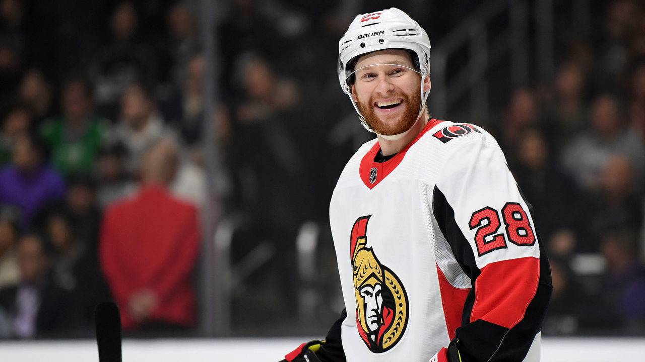 LOS ANGELES, CALIFORNIA - MARCH 11: Connor Brown #28 of the Ottawa Senators laughs before a face off during the second period against the Los Angeles Kings at Staples Center on March 11, 2020 in Los Angeles, California.