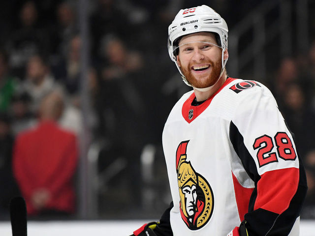LOS ANGELES, CALIFORNIA - MARCH 11: Connor Brown #28 of the Ottawa Senators laughs before a face off during the second period against the Los Angeles Kings at Staples Center on March 11, 2020 in Los Angeles, California.