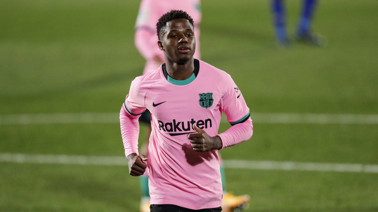 GETAFTE, SPAIN - OCTOBER 17: Ansu Fati of FC Barcelona during the La Liga Santander match between Getafe v FC Barcelona at the Coliseum Alfonso Perez on October 17, 2020 in Getafte Spain