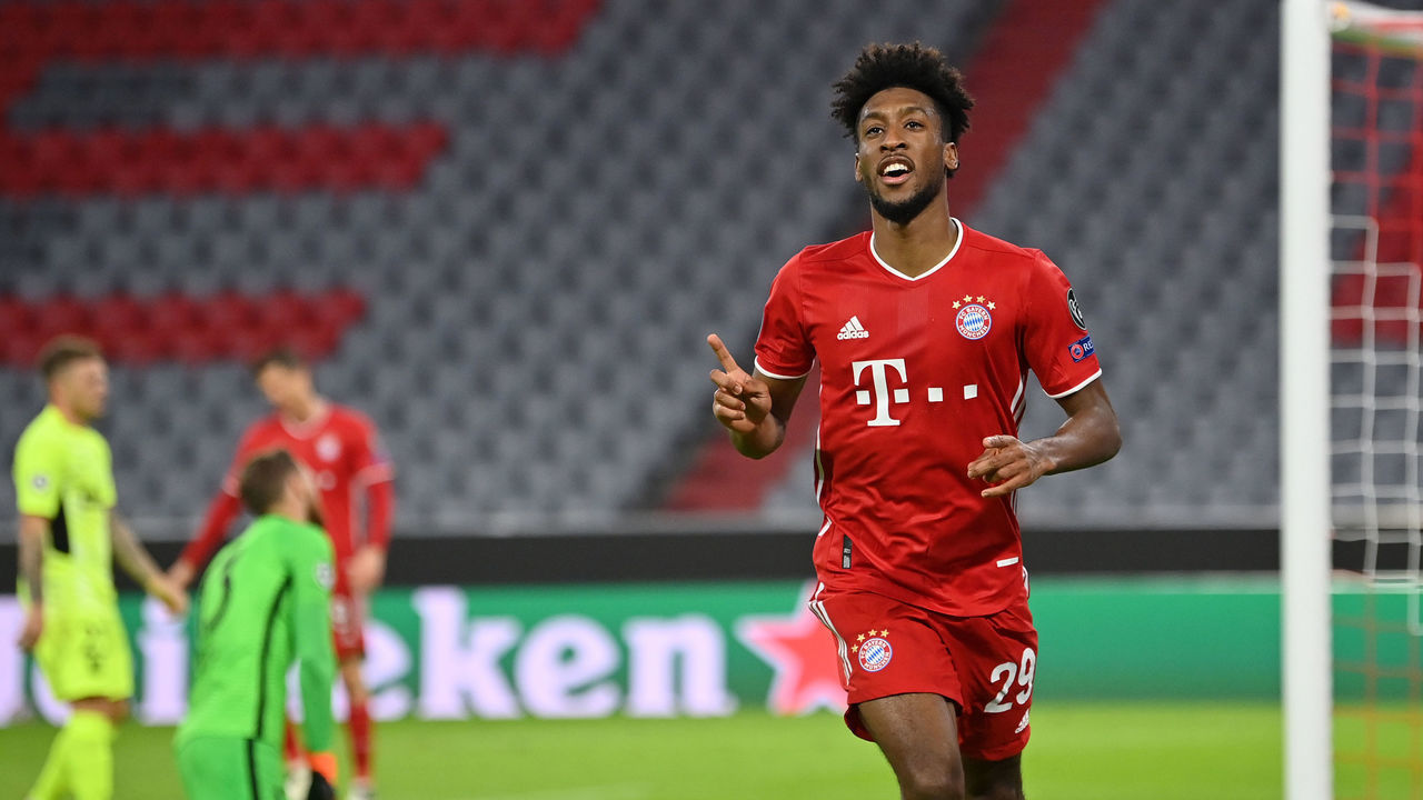 MUNICH, GERMANY - OCTOBER 21: Kingsley Coman of FC Bayern Munich celebrates after scoring his sides fourth goal during the UEFA Champions League Group A stage match between FC Bayern Muenchen and Atletico Madrid at Allianz Arena on October 21, 2020 in Munich, Germany. The game will be played behind closed doors as a COVID-19 precaution.