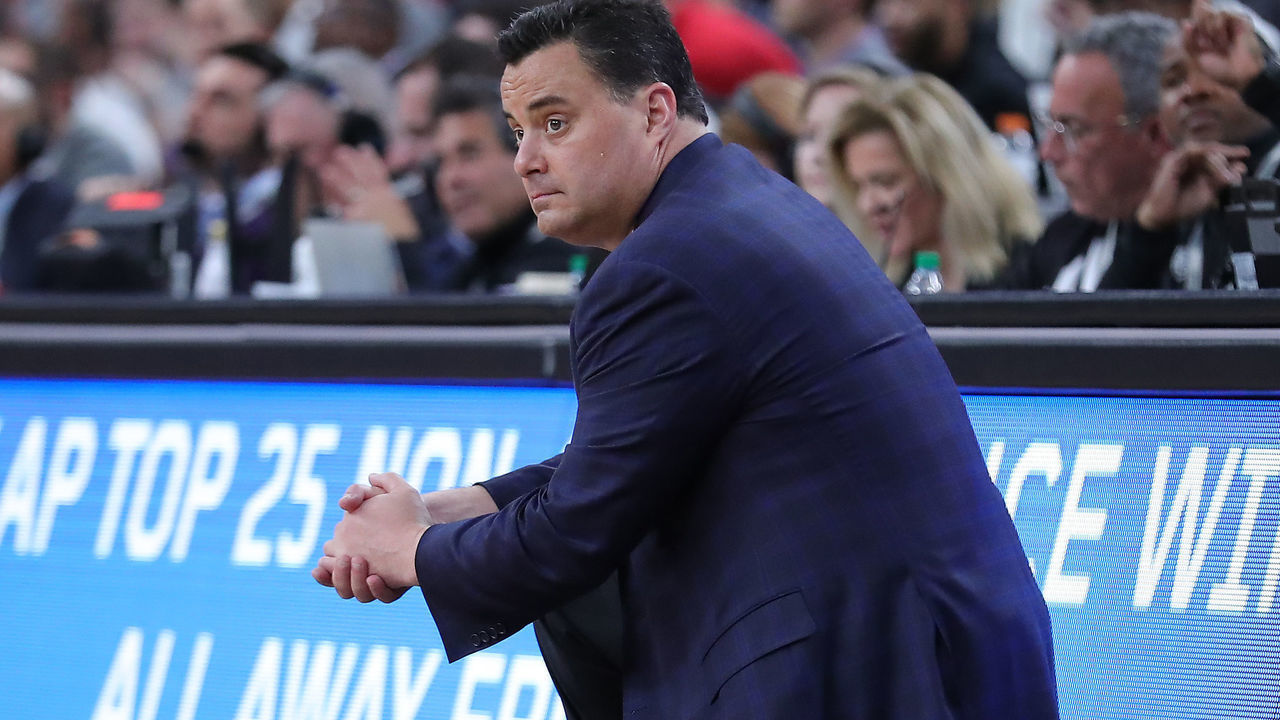 LAS VEGAS, NEVADA - MARCH 11: Sean Miller head coach of the Arizona Wildcats looks on against the Washington Huskies during the first round of the Pac-12 Conference basketball tournament at T-Mobile Arena on March 11, 2020 in Las Vegas, Nevada.