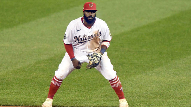 WASHINGTON, DC - SEPTEMBER 23: Josh Harrison #5 of the Washington Nationals in position during a baseball game against the Philadelphia Phillies at Nationals Park on September 23, 2020 in Washington, DC.
