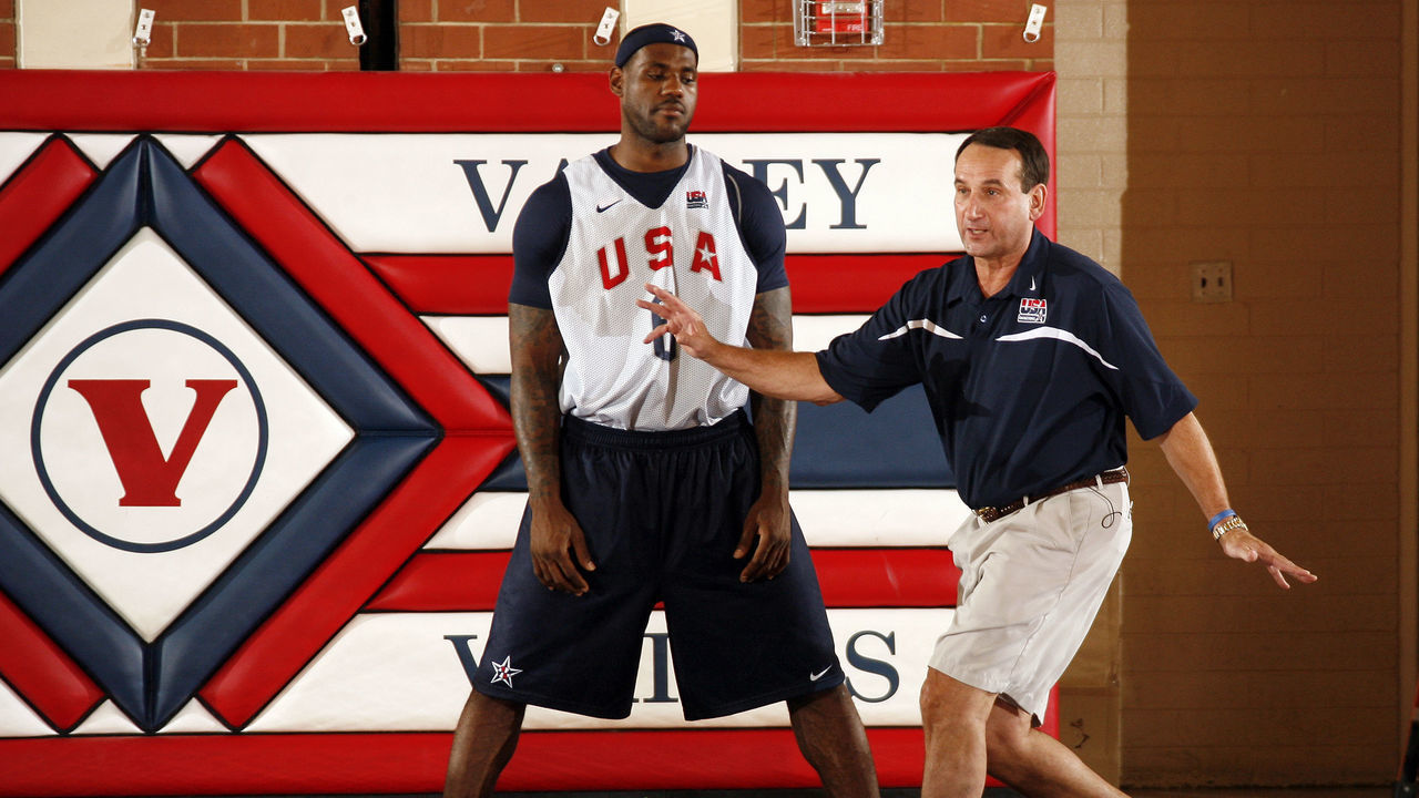 LAS VEGAS, NV - JULY 21: Head Coach Mike Krzyzewski (R) demonstrates basketball position to LeBron James #6 of the United States mens senior National Basketball Team during practice on July 21, 2008 in Las Vegas, Nevada. NOTE TO USER: User expressly acknowledges and agrees that, by downloading and/or using this Photograph, user is consenting to the terms and conditions of the Getty Images License Agreement. Mandatory Copyright Notice: Copyright 2008 NBAE