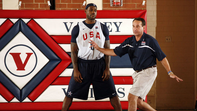 LAS VEGAS, NV - JULY 21: Head Coach Mike Krzyzewski (R) demonstrates basketball position to LeBron James #6 of the United States mens senior National Basketball Team during practice on July 21, 2008 in Las Vegas, Nevada. NOTE TO USER: User expressly acknowledges and agrees that, by downloading and/or using this Photograph, user is consenting to the terms and conditions of the Getty Images License Agreement. Mandatory Copyright Notice: Copyright 2008 NBAE