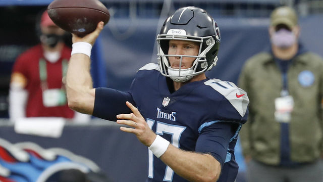 NASHVILLE, TENNESSEE - OCTOBER 18: Quarterback Ryan Tannehill #17 of the Tennessee Titans throws a pass against the Houston Texans at Nissan Stadium on October 18, 2020 in Nashville, Tennessee.