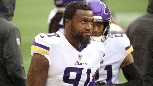 SEATTLE, WASHINGTON - OCTOBER 11: Yannick Ngakoue #91 of the Minnesota Vikings looks on before their game against the Seattle Seahawks at CenturyLink Field on October 11, 2020 in Seattle, Washington.