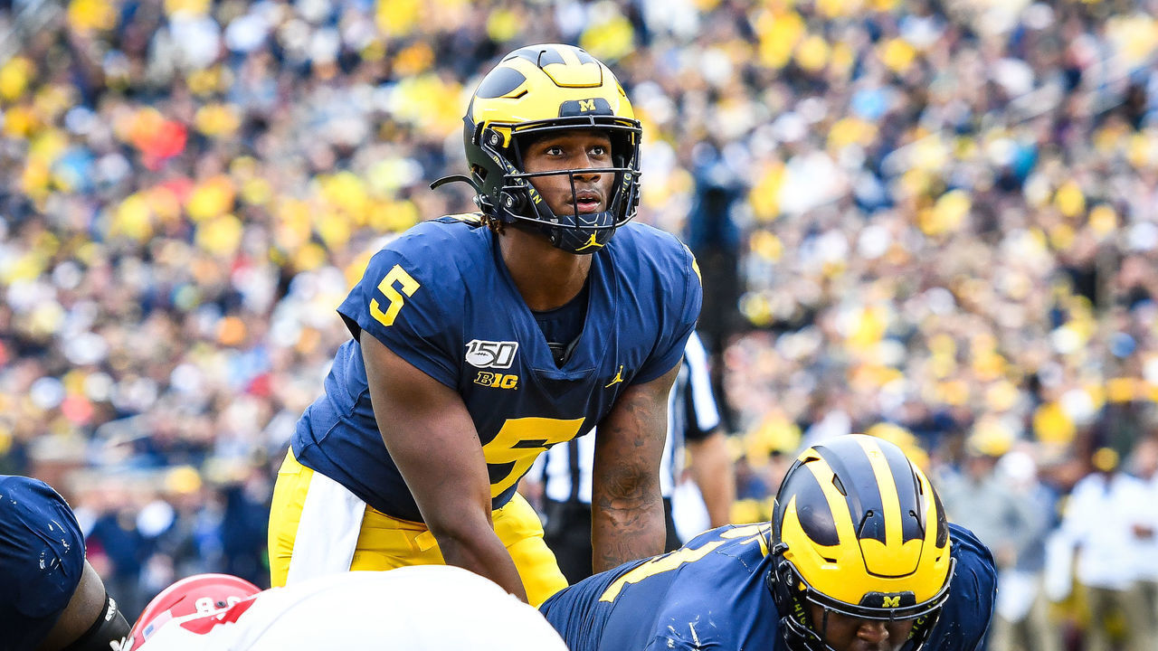 ANN ARBOR, MI - SEPTEMBER 28: Michigan Wolverines quarterback Joe Milton (5) calls signals near the goal line during the Michigan Wolverines versus Rutgers Scarlet Knights game on Saturday September 28, 2019 at Michigan Stadium in Ann Arbor, MI.