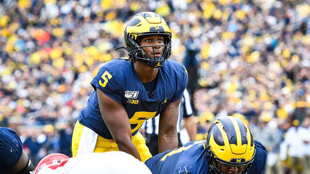 ANN ARBOR, MI - SEPTEMBER 28: Michigan Wolverines quarterback Joe Milton (5) calls signals near the goal line during the Michigan Wolverines versus Rutgers Scarlet Knights game on Saturday September 28, 2019 at Michigan Stadium in Ann Arbor, MI.