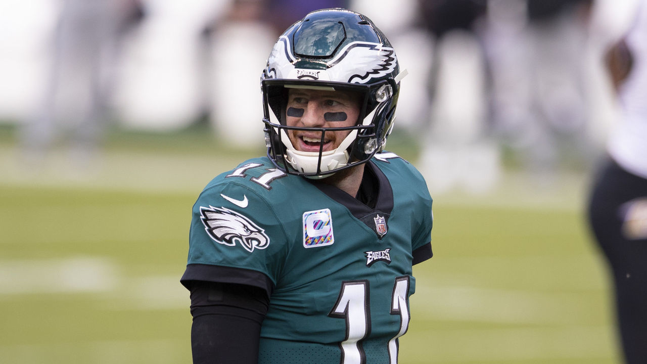 PHILADELPHIA, PA - OCTOBER 18: Carson Wentz #11 of the Philadelphia Eagles reacts against the Baltimore Ravens at Lincoln Financial Field on October 18, 2020 in Philadelphia, Pennsylvania.