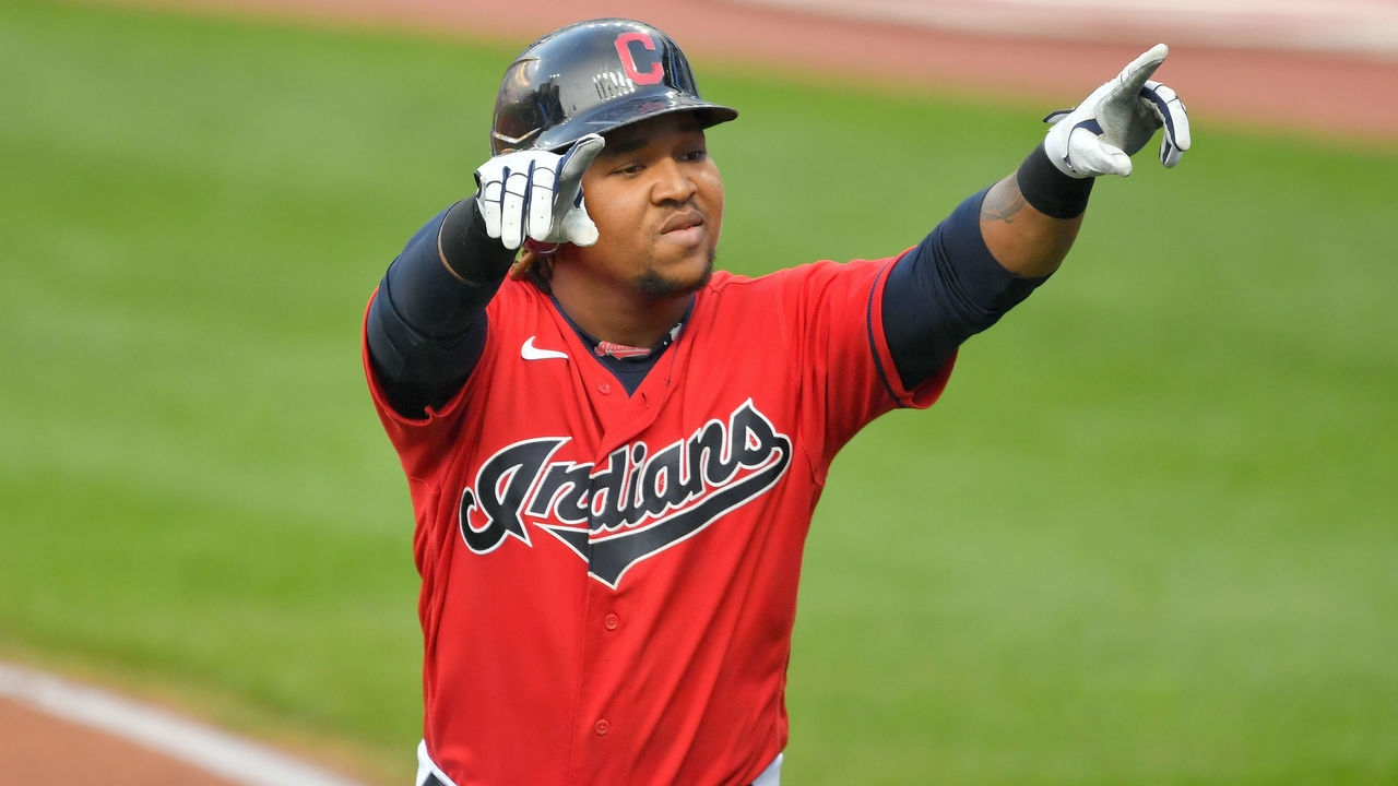 CLEVELAND, OHIO - SEPTEMBER 21: Jose Ramirez #11 of the Cleveland Indians celebrates after hitting a two-run homer during the first inning against the Chicago White Sox at Progressive Field on September 21, 2020 in Cleveland, Ohio.