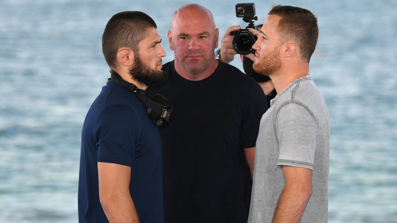 ABU DHABI, UNITED ARAB EMIRATES - OCTOBER 21: (L-R) Opponents Khabib Nurmagomedov of Russia and Justin Gaethje face off during the UFC 254 press conference at Yas Beach on October 21, 2020 on UFC Fight Island, Abu Dhabi, United Arab Emirates.