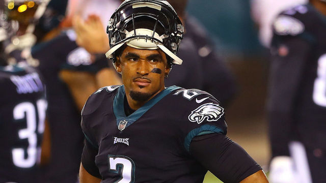 PHILADELPHIA, PENNSYLVANIA- OCTOBER 22: Jalen Hurts #2 of the Philadelphia Eagles looks on during warm ups against the New York Giants at Lincoln Financial Field on October 22, 2020 in Philadelphia, Pennsylvania.