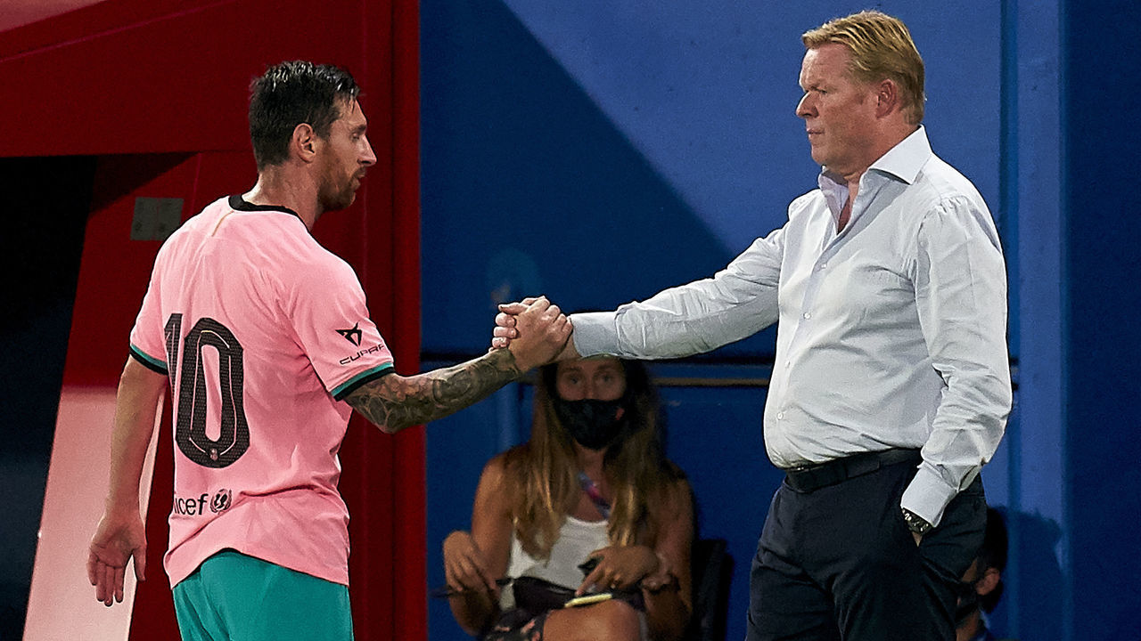 BARCELONA, SPAIN - SEPTEMBER 16: Lionel Messi of FC Barcelona salutes Ronald Koeman, head coach of FC Barcelona after being substituted during the pre-season friendly match between FC Barcelona and Girona at Estadi Johan Cruyff on September 16, 2020 in Barcelona, Spain.