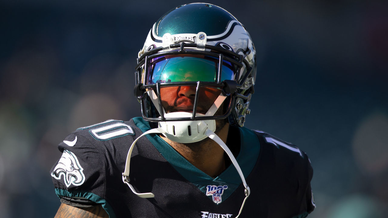 PHILADELPHIA, PA - NOVEMBER 03: DeSean Jackson #10 of the Philadelphia Eagles looks on prior to the game against the Chicago Bears at Lincoln Financial Field on November 3, 2019 in Philadelphia, Pennsylvania.