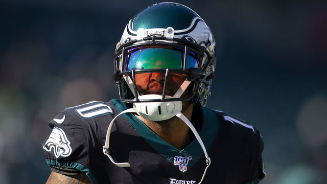PHILADELPHIA, PA - NOVEMBER 03: DeSean Jackson #10 of the Philadelphia Eagles looks on prior to the game against the Chicago Bears at Lincoln Financial Field on November 3, 2019 in Philadelphia, Pennsylvania.