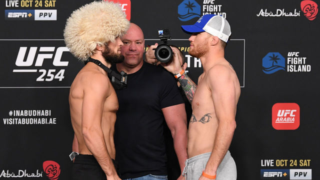 ABU DHABI, UNITED ARAB EMIRATES - OCTOBER 23: (L-R) Opponents Khabib Nurmagomedov of Russia and Justin Gaethje face off during the UFC 254 weigh-in on October 23, 2020 on UFC Fight Island, Abu Dhabi, United Arab Emirates.