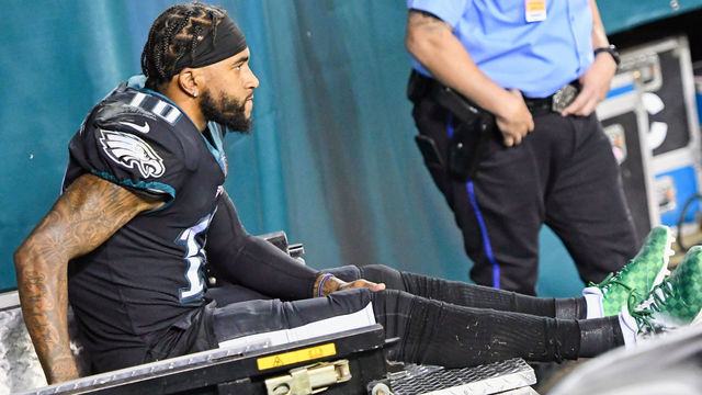PHILADELPHIA, PA - OCTOBER 22: Philadelphia Eagles wide receiver DeSean Jackson (10) is taken by cart into the locker room during the game between the New York Giants and the Philadelphia Eagles on October 22, 2020 at Lincoln Financial Field in Philadelphia, PA.
