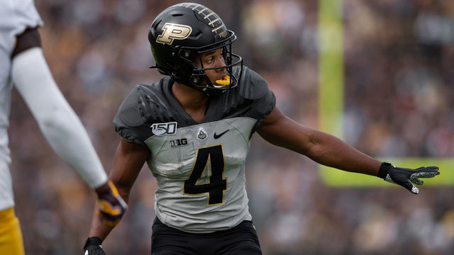 WEST LAFAYETTE, IN - SEPTEMBER 28: Purdue Boilermakers wide receiver Rondale Moore (4) lines up before the snap during the college football game between the Purdue Boilermakers and Minnesota Golden Gophers on September 28, 2019, at Ross-Ade Stadium in West Lafayette, IN.
