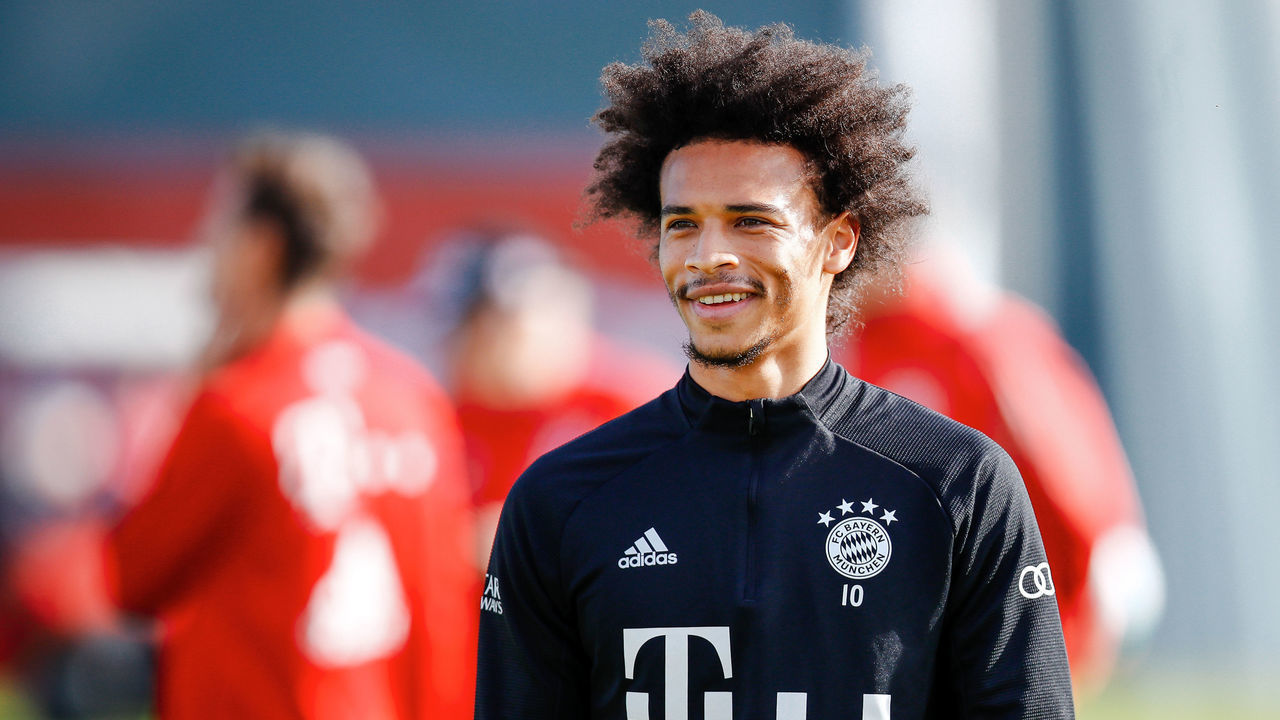 MUNICH, GERMANY - OCTOBER 23: Leroy Sane of FC Bayern Muenchen smiles during a training session at Saebener Strasse training ground on October 23, 2020 in Munich, Germany.