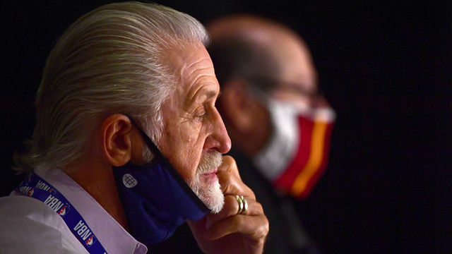 LAKE BUENA VISTA, FLORIDA - SEPTEMBER 06: Pat Riley prior to the start of Game Four of the Eastern Conference Second Round during the 2020 NBA Playoffs at AdventHealth Arena at the ESPN Wide World Of Sports Complex on September 06, 2020 in Lake Buena Vista, Florida.