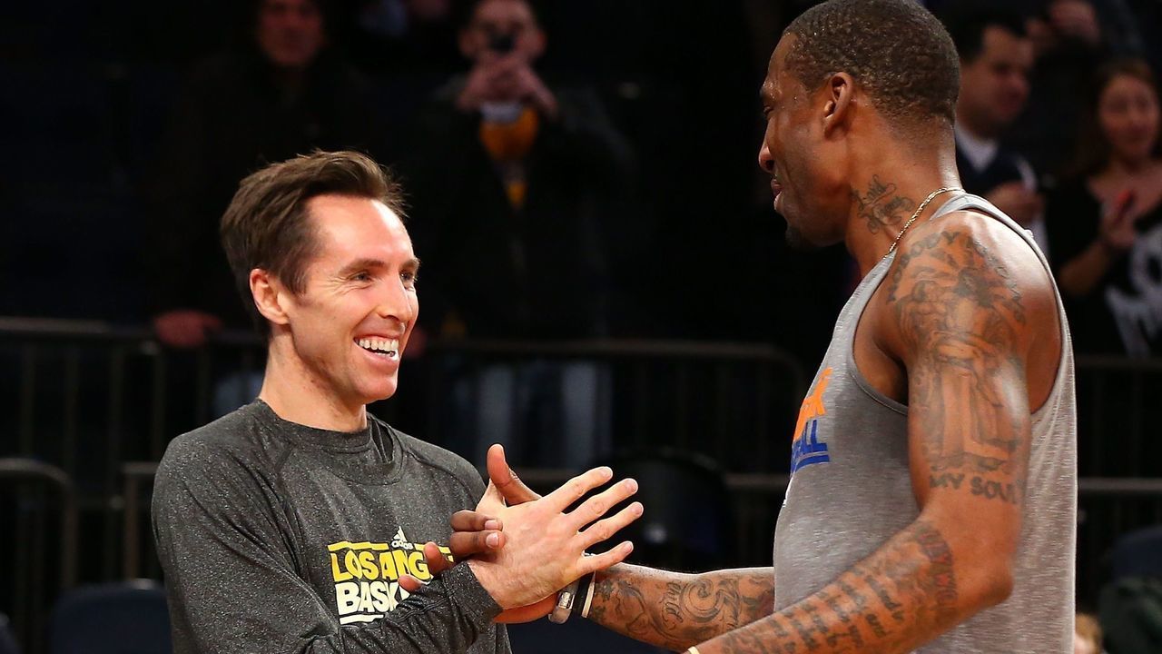 NEW YORK, NY - DECEMBER 13: (NEW YORK DAILIES OUT) Amar'e Stoudemire #1 of the New York Knicks greets Steve Nash #10 of the Los Angeles Lakers before their game at Madison Square Garden on December 13, 2012 in New York City. The Knicks defeated the Lakers 116-107. NOTE TO USER: User expressly acknowledges and agrees that, by downloading and/or using this Photograph, user is consenting to the terms and conditions of the Getty Images License Agreement.