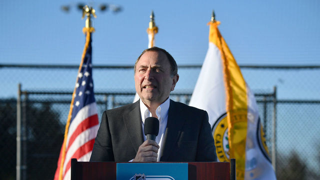 SAN JOSE, CA - JANUARY 24: NHL Commissionar Gary Bettman speaks at the podium at the unveiling of a newly renovated outdoor street hockey rink as part of the 2019 NHL All-Star Legacy Project on January 24, 2019 in San Jose, California.