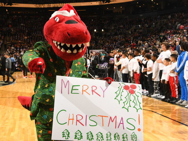 TORONTO, CANADA - DECEMBER 25: The Toronto Raptor wishes everyone a Merry Christmas during the game between the Toronto Raptors and the Boston Celtics on December 25, 2019 at the Scotiabank Arena in Toronto, Ontario, Canada. Mandatory Copyright Notice: Copyright 2019 NBAE