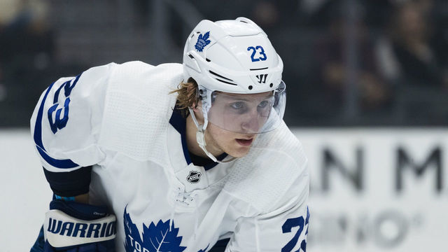 LOS ANGELES, CA - MARCH 05: Toronto Maple Leafs defenseman Travis Dermott (23) during the NHL regular season hockey game against the Los Angeles Kings on Thursday, March 5, 2020 at Staples Center in Los Angeles, Calif.