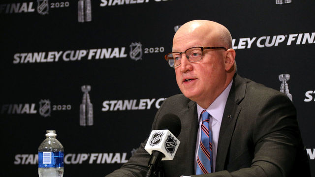 EDMONTON, ALBERTA - SEPTEMBER 19: NHL Deputy Commissioner Bill Daly speaks during a press conference before Game One of the NHL Stanley Cup Final between the Dallas Stars and the Tampa Bay Lightning at Rogers Place on September 19, 2020 in Edmonton, Alberta.