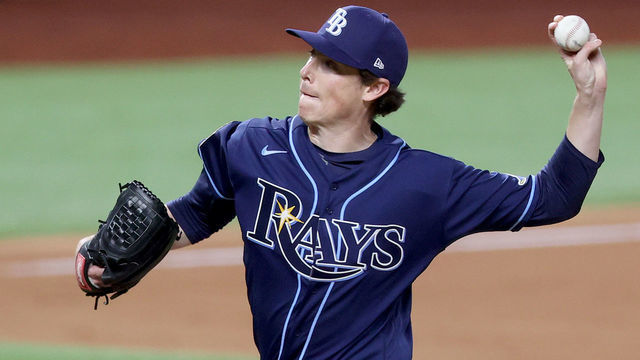 ARLINGTON, TEXAS - OCTOBER 20: Ryan Yarbrough #48 of the Tampa Bay Rays delivers the pitch against the Los Angeles Dodgers during the fifth inning in Game One of the 2020 MLB World Series at Globe Life Field on October 20, 2020 in Arlington, Texas.