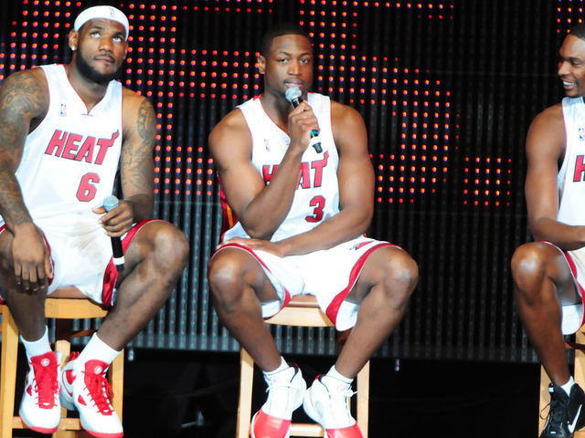 (L-R) LeBron James, Dwyane Wade and Chris Bosh attend HEAT Summer of 2010 Welcome Event at AmericanAirlines Arena on July 9, 2010 in Miami, Florida.