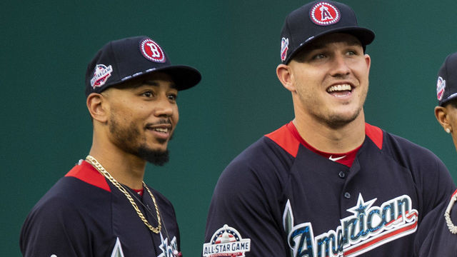 WASHINGTON, DC - JULY 16: Mookie Betts #50 of the Boston Red Sox, Mike Trout #27 of the Los Angeles Angels of Anaheim, Francisco Lindor #12 of the Cleveland Indians, Jean Segura #2 of the Seattle Mariners, Jose Ramirez #11 of the Cleveland Indians, and Jose Altuve #27 of the Houston Astros react during All-Star Workout Day at Nationals Park Monday, July 16, 2018 in Washington, DC.