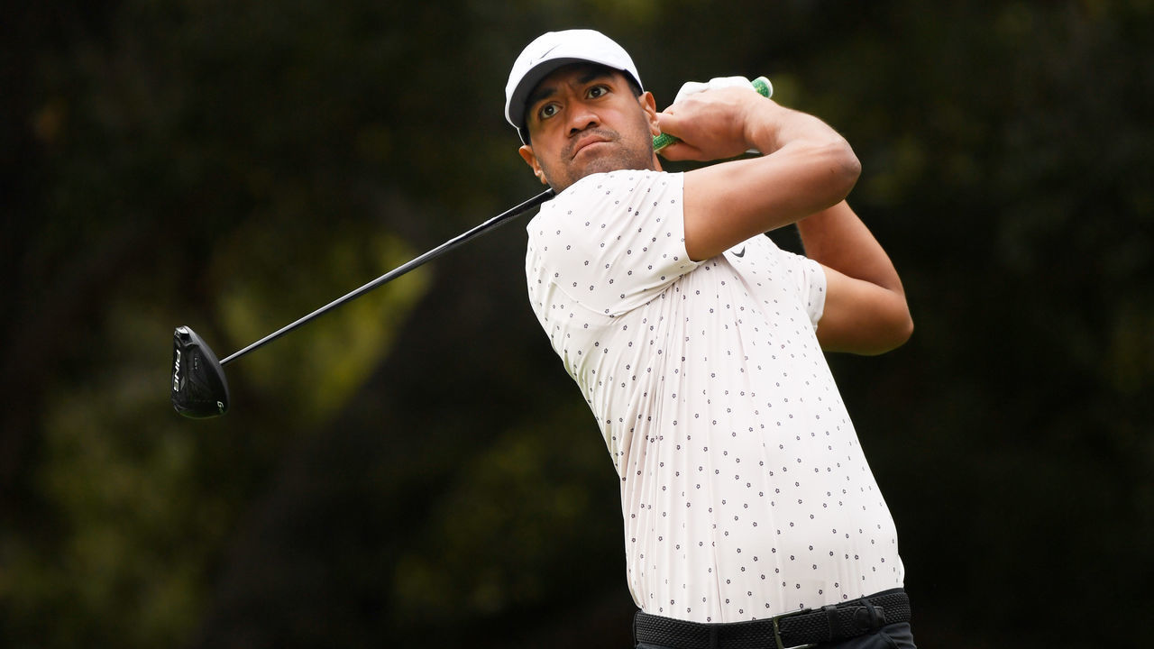 THOUSAND OAKS, CALIFORNIA - OCTOBER 22: Tony Finau of the United States plays his shot from the second tee during the first round of the Zozo Championship @ Sherwood on October 22, 2020 in Thousand Oaks, California.