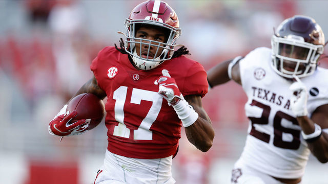 TUSCALOOSA, AL - OCTOBER 3: #17 Jaylen Waddle #17 of the Alabama Crimson Tide runs the ball upfield against the Texas A&M Aggies on October 3, 2020 at Bryant-Denny Stadium in Tuscaloosa, Alabama.