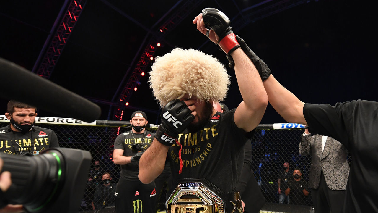 ABU DHABI, UNITED ARAB EMIRATES - OCTOBER 25: Khabib Nurmagomedov of Russia celebrates his victory over Justin Gaethje in their lightweight title bout during the UFC 254 event on October 25, 2020 on UFC Fight Island, Abu Dhabi, United Arab Emirates.