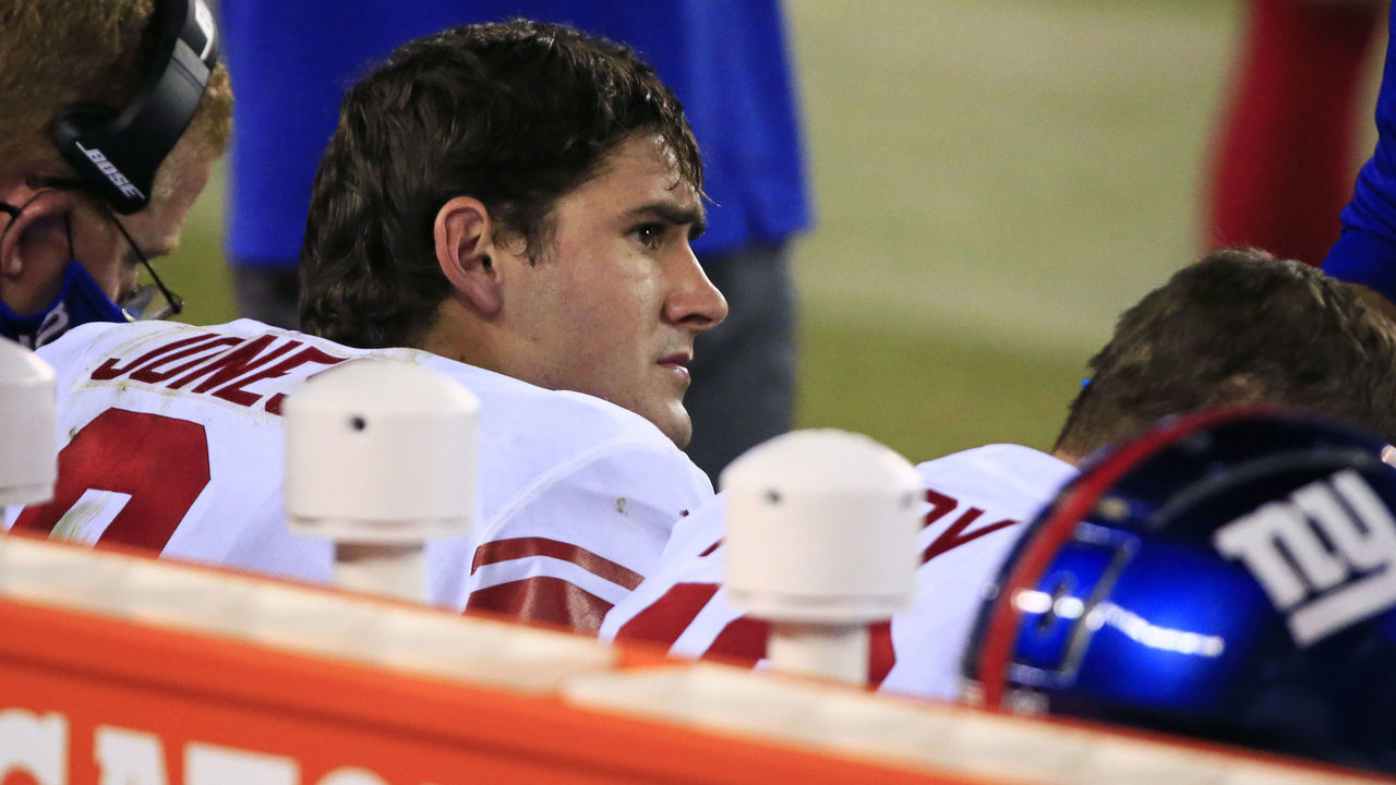 PHILADELPHIA, PA - OCTOBER 22: Daniel Jones #8 of the New York Giants looks on from the sideline during the second quarter at Lincoln Financial Field on October 22, 2020 in Philadelphia, Pennsylvania. The Eagles defeated the Giants 22-21.