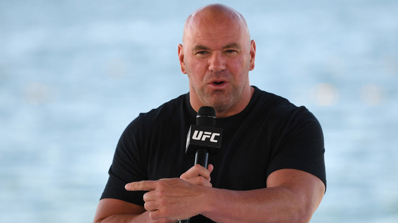 ABU DHABI, UNITED ARAB EMIRATES - OCTOBER 21: UFC president Dana White interacts with media during the UFC 254 press conference at Yas Beach on October 21, 2020 on UFC Fight Island, Abu Dhabi, United Arab Emirates.
