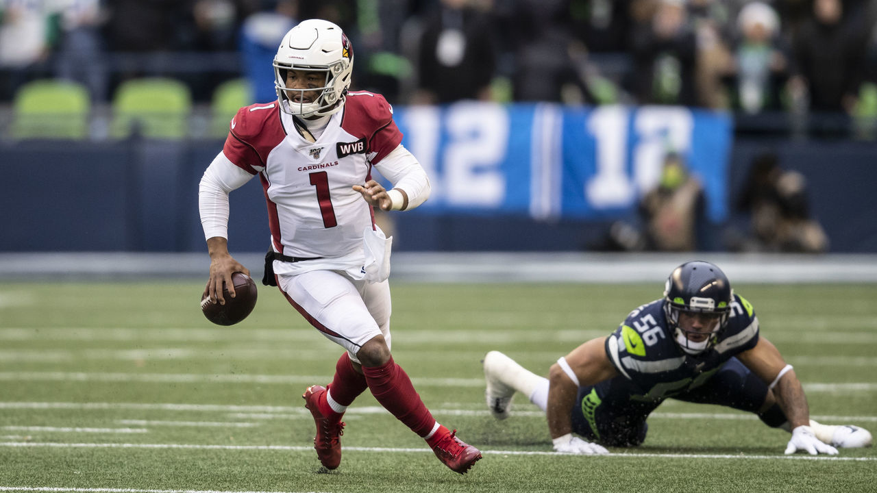 SEATTLE, WA - DECEMBER 22: Quarterback Kyler Murray #1 of the Arizona Cardinals scrambles out of the pocket during a game against the Seattle Seahawks at CenturyLink Field on December 22, 2019 in Seattle, Washington. The Cardinals won 27-13.