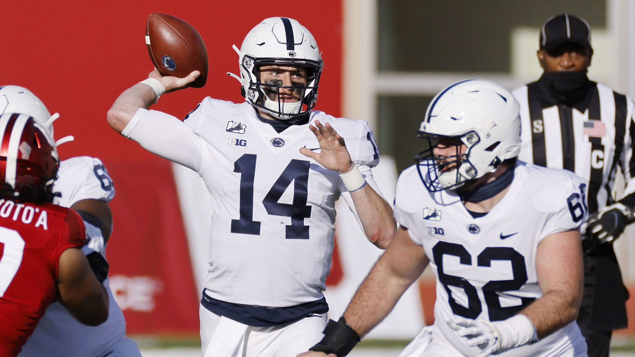 BLOOMINGTON, IN - OCTOBER 24: Sean Clifford #14 of the Penn State Nittany Lions passes the ball against the Indiana Hoosiers in the second quarter of a game at Memorial Stadium on October 24, 2020 in Bloomington, Indiana.