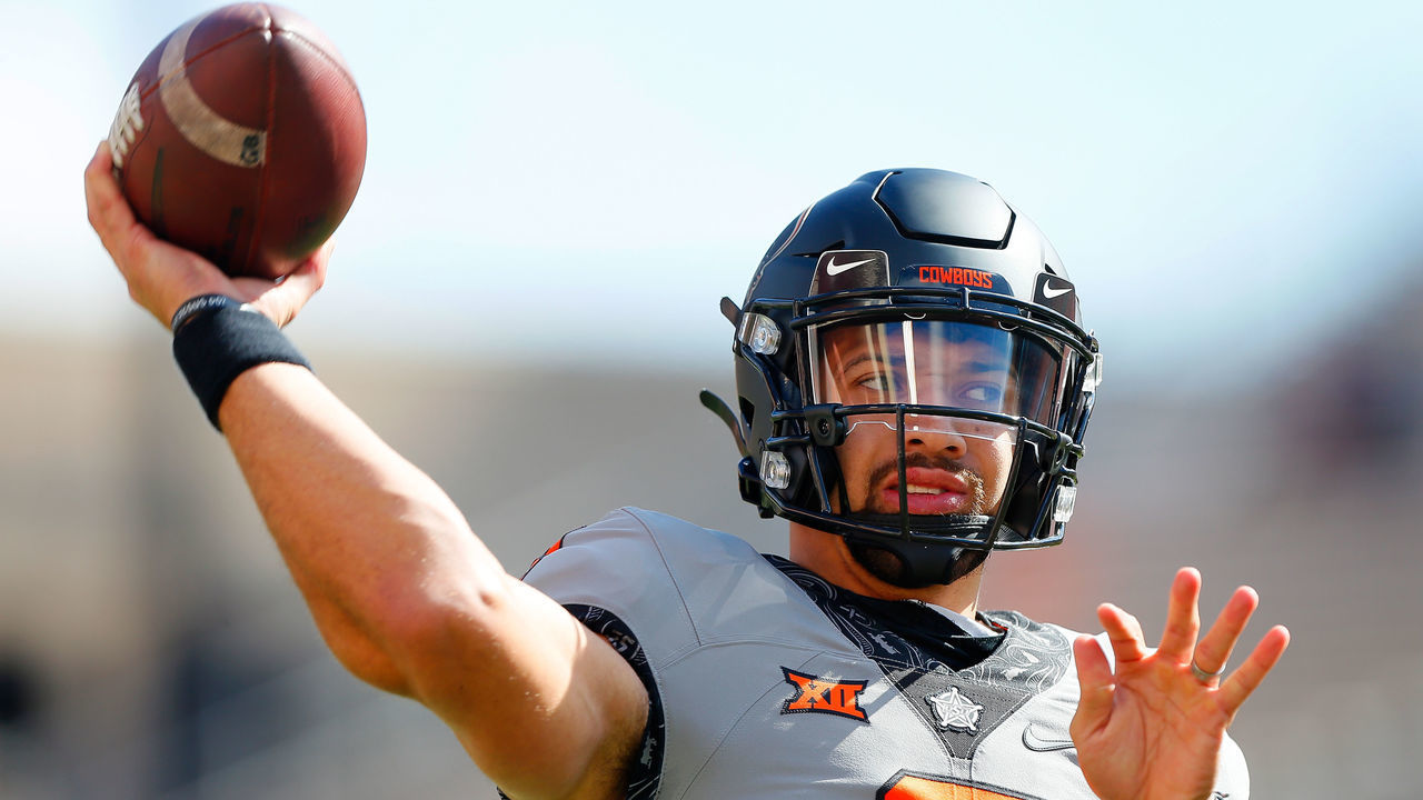 STILLWATER, OK - OCTOBER 24: Quarterback Spencer Sanders #3 of the Oklahoma State Cowboys throws before a game against the Iowa State Cyclones at Boone Pickens Stadium on October 24, 2020 in Stillwater, Oklahoma.
