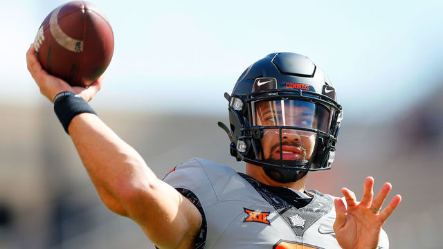 STILLWATER, OK - OCTOBER 24: Quarterback Spencer Sanders #3 of the Oklahoma State Cowboys throws before a game against the Iowa State Cyclones at Boone Pickens Stadium on October 24, 2020 in Stillwater, Oklahoma.